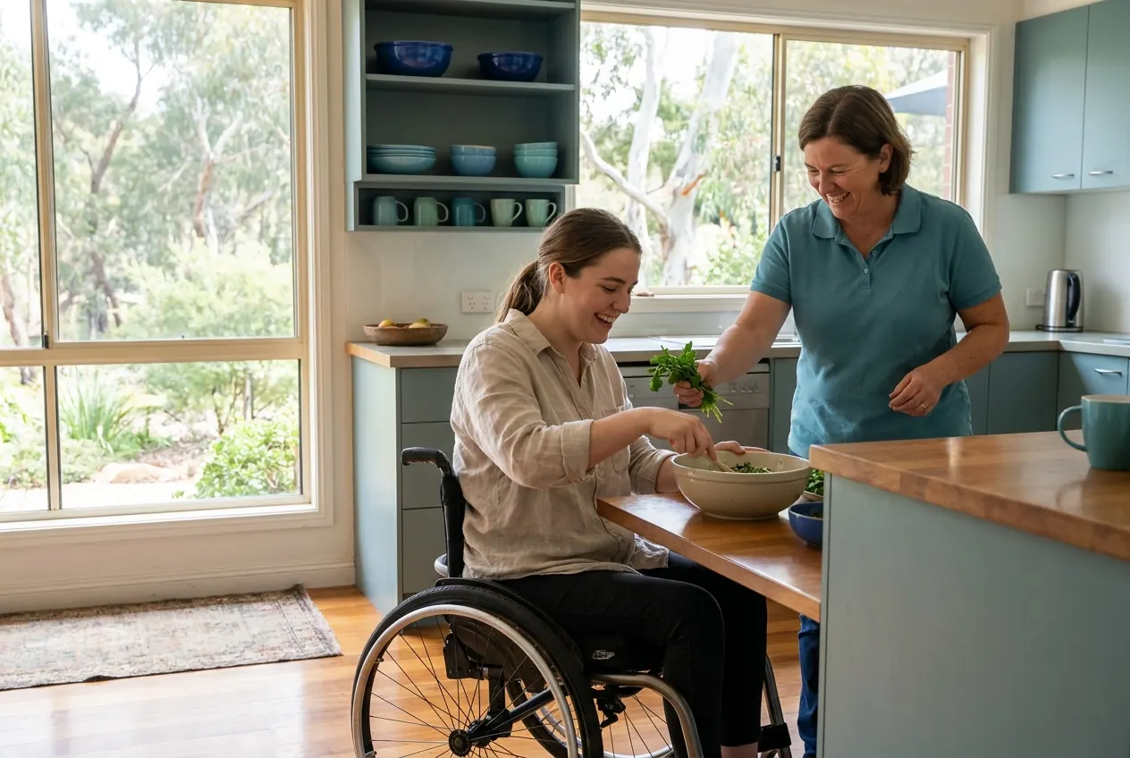A My Health Connect participant and support worker preparing a meal together in a bright kitchen.