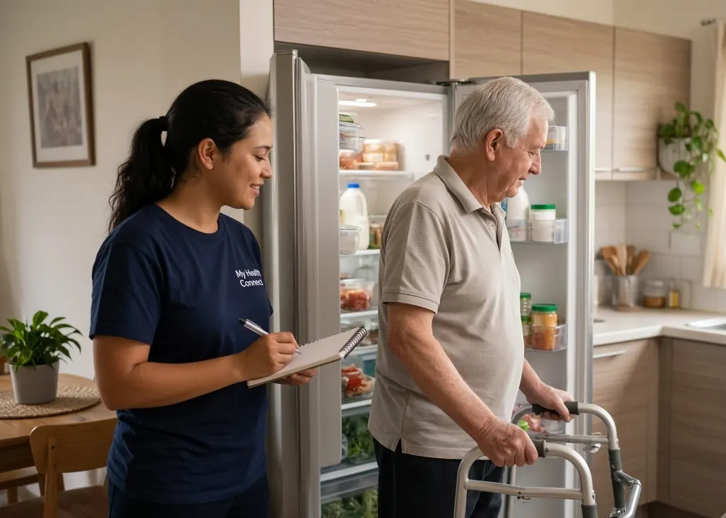 A My Health Connect support worker making notes while a participant using a walking frame checks the fridge in his kitchen.