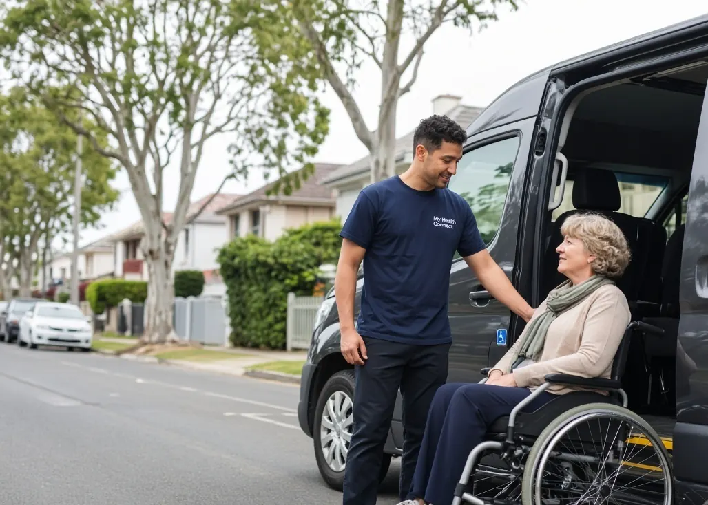 A My Health Connect support worker helping a participant board an accessible van outside her home.